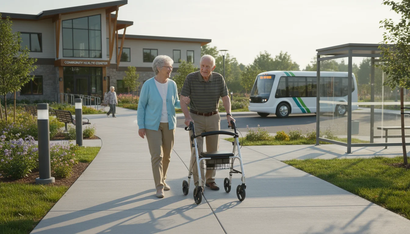 An older couple, one using a walker, walk on a paved path. A community health center and shuttle bus are visible nearby.