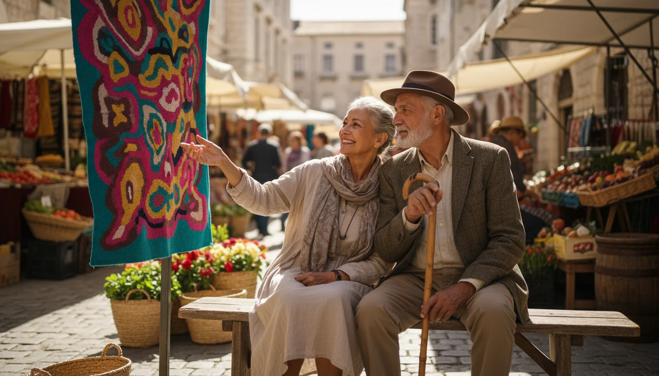 An older couple in an outdoor market, the woman smiling as she points to a colorful tapestry while the man observes, a walking stick resting beside hi