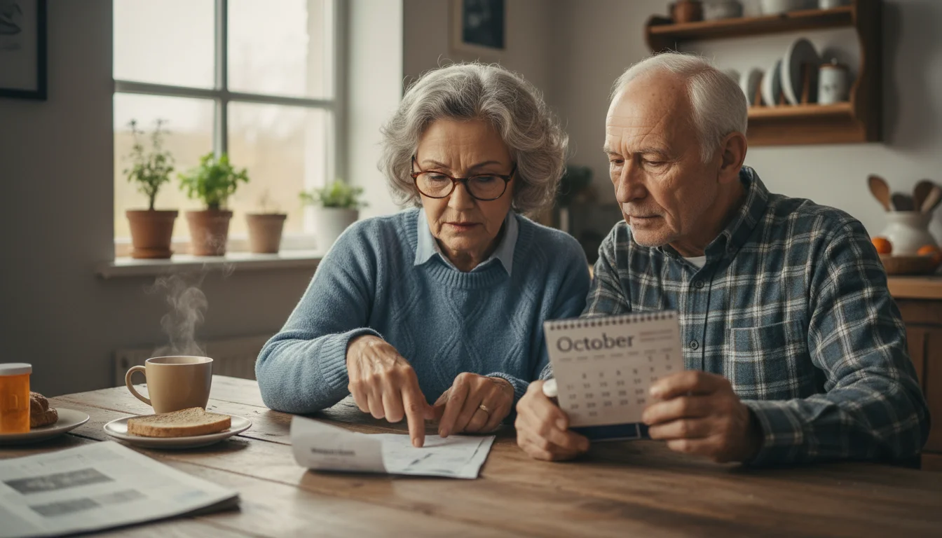 An older couple with reading glasses sits at a kitchen table, closely examining a medical bill, a calendar, and a prescription bottle.