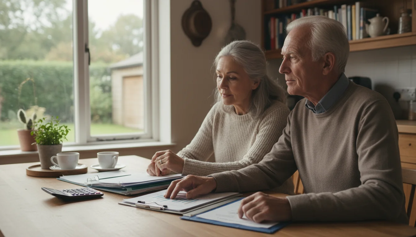 An older couple reviews documents at a kitchen table, one touching a paper, the other looking reflectively out a window.