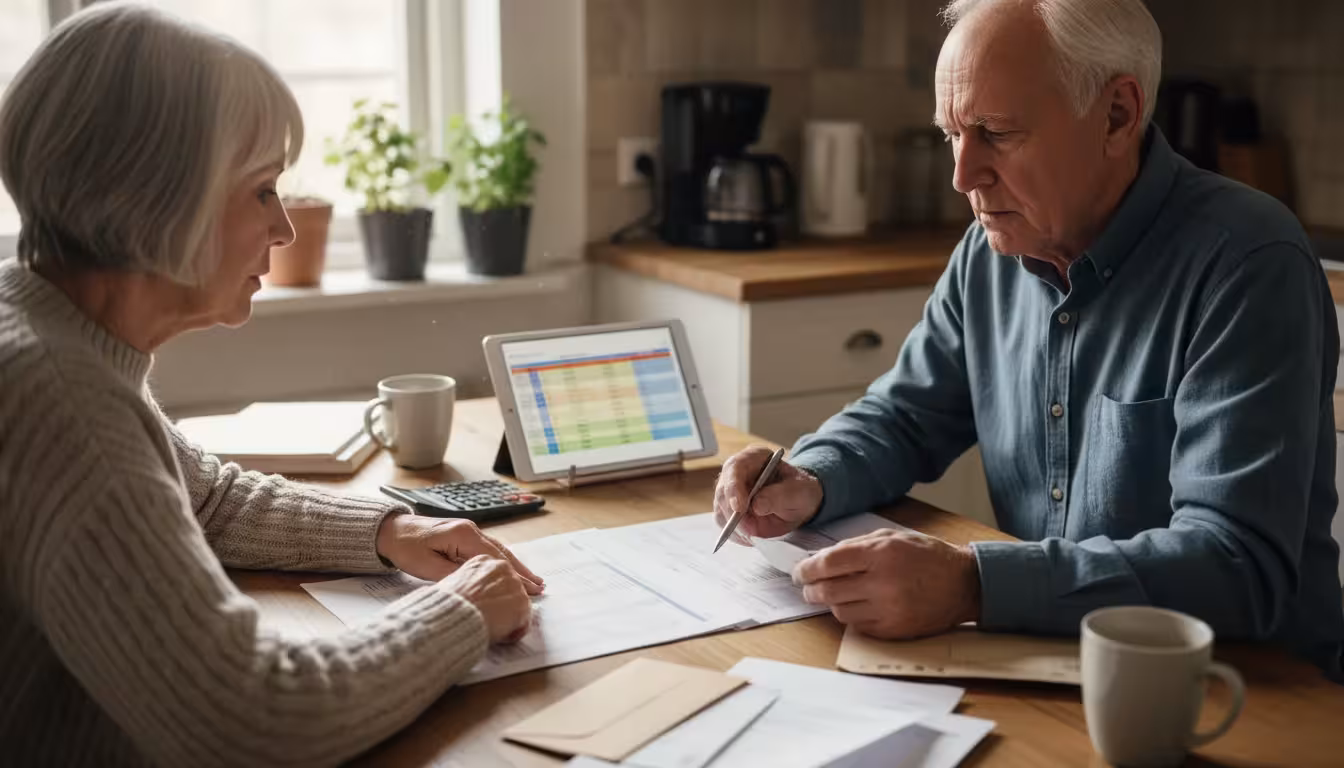 An older couple reviews financial documents and a tablet spread on their kitchen table, pointing at details together.
