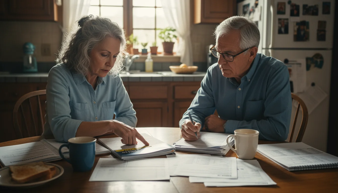 An older couple reviews Medicare Advantage plan documents at their kitchen table, comparing dental benefits.