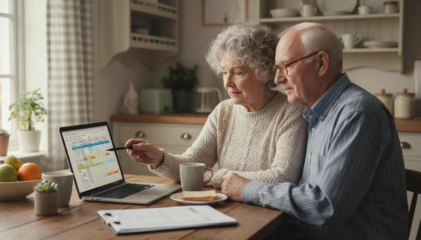 An older couple reviews a retirement budget spreadsheet on a laptop, with the woman pointing at the screen.