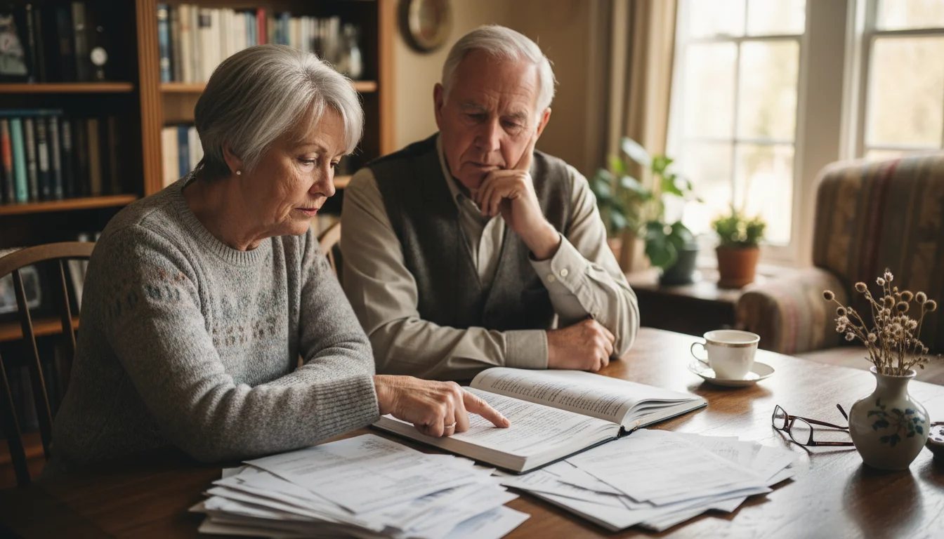 An older couple sits at a dining table reviewing house documents. The woman points at a page, the man listens.