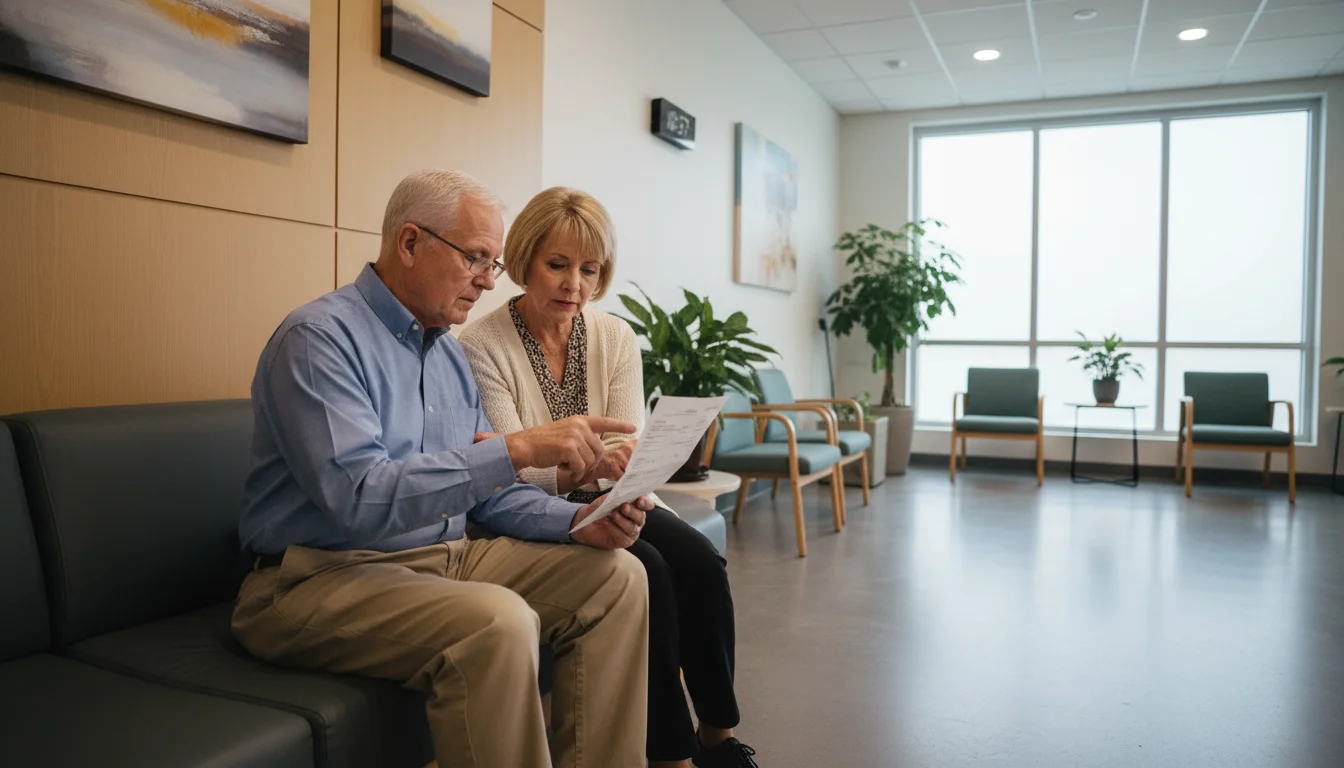 An older couple sits in a hospital waiting area. The man points to a detail on a medical bill held by the woman.