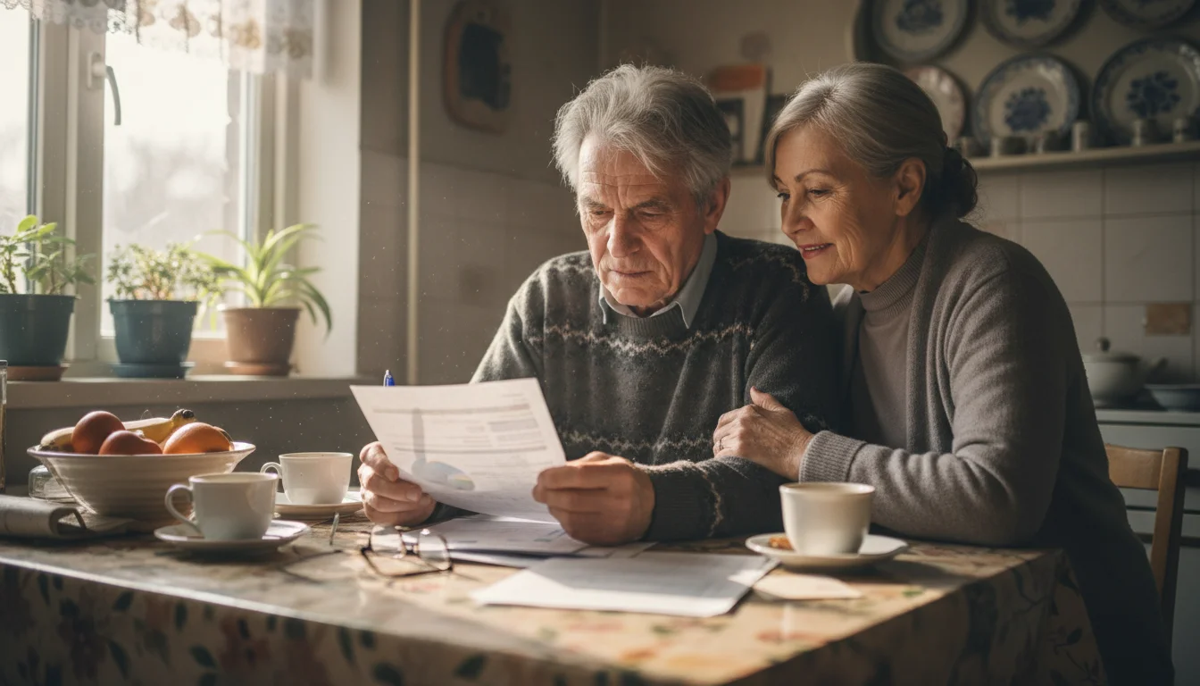 An older couple sits at a kitchen table. The husband looks intently at a document while his wife gently touches his arm, looking concerned.