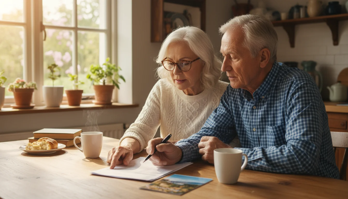 An older couple sits at a kitchen table, reviewing financial documents. The woman points at a paper, and the man listens attentively.