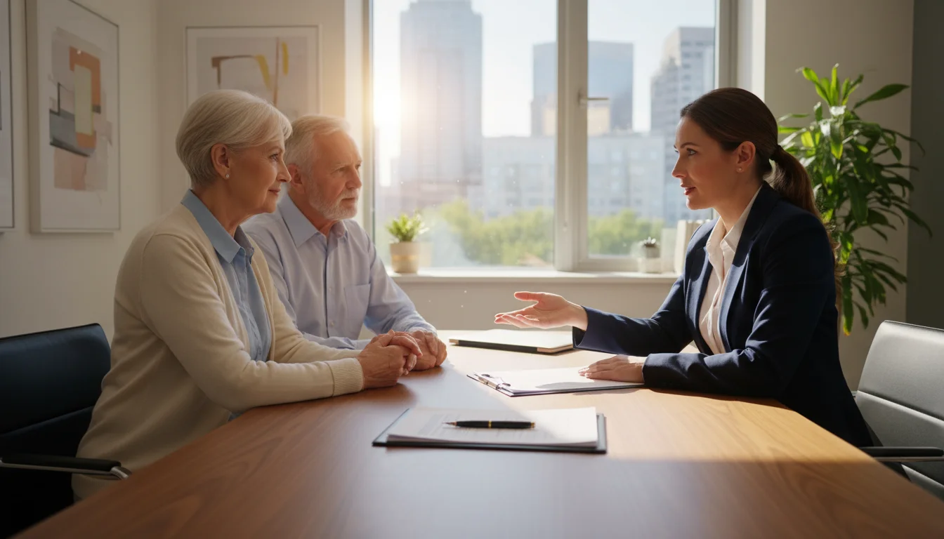 An older couple sits at a wooden desk with a female attorney, reviewing stacks of HOA legal documents and binders. The attorney points to a section of