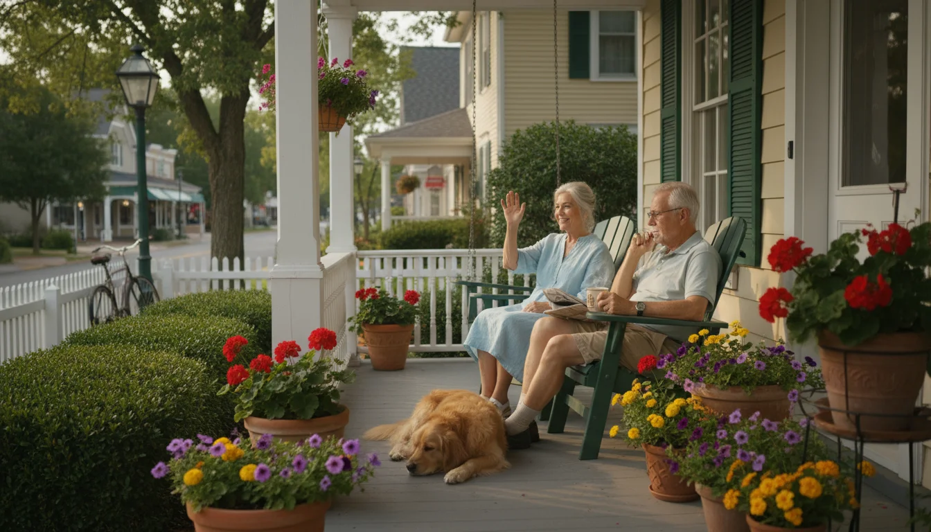 An older couple smiles from their front porch, one waving to a neighbor on a quiet, tree-lined street.