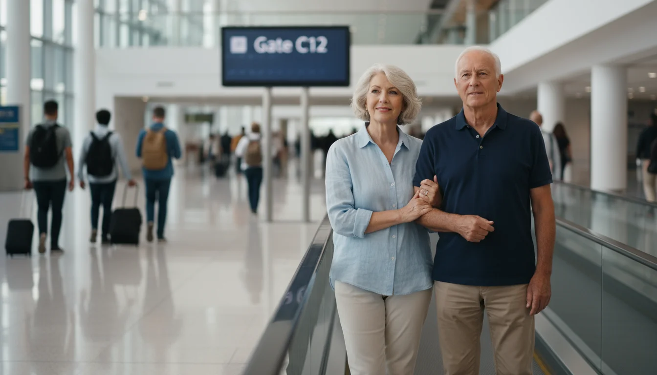 An older couple standing relaxed on a moving walkway in a bright airport terminal, looking forward.