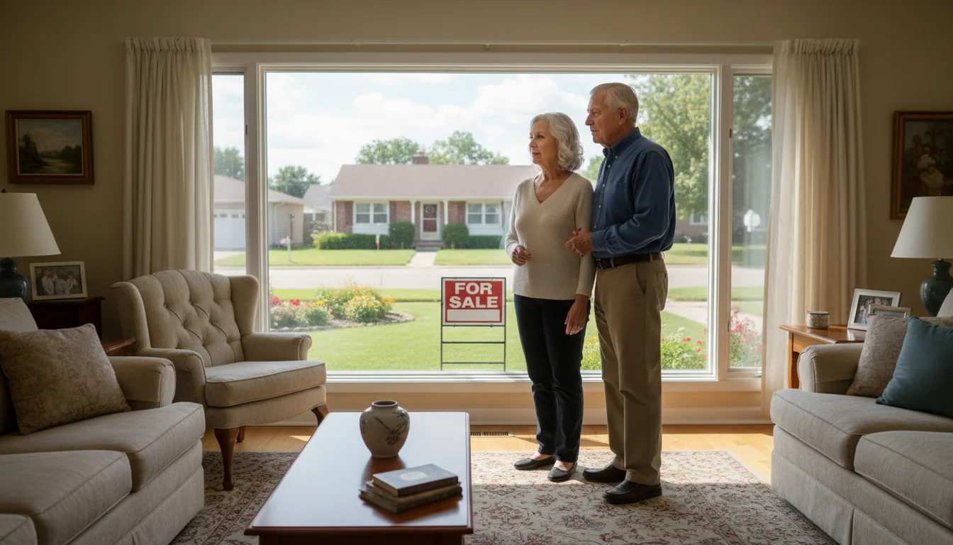 An older couple stands inside their home, looking thoughtfully out a window with a 'For Sale' sign in the yard.