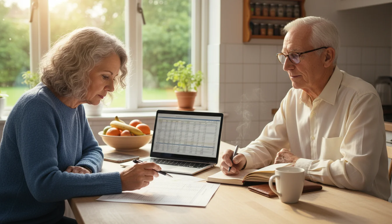 An older couple at a sunny kitchen table. The woman points at a laptop screen, and the man writes in a notebook.