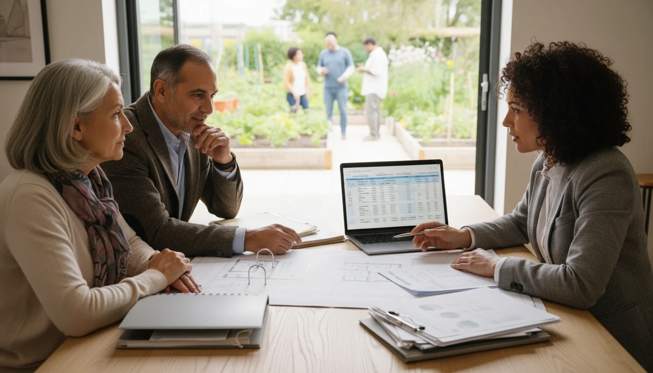 An older couple and their adult daughter review financial documents and blueprints at a table, with a laptop showing a spreadsheet.