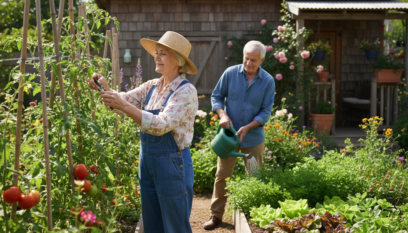 An older couple in their early 70s, in a sun-dappled garden. The woman prunes a tomato plant, the man waters nearby.