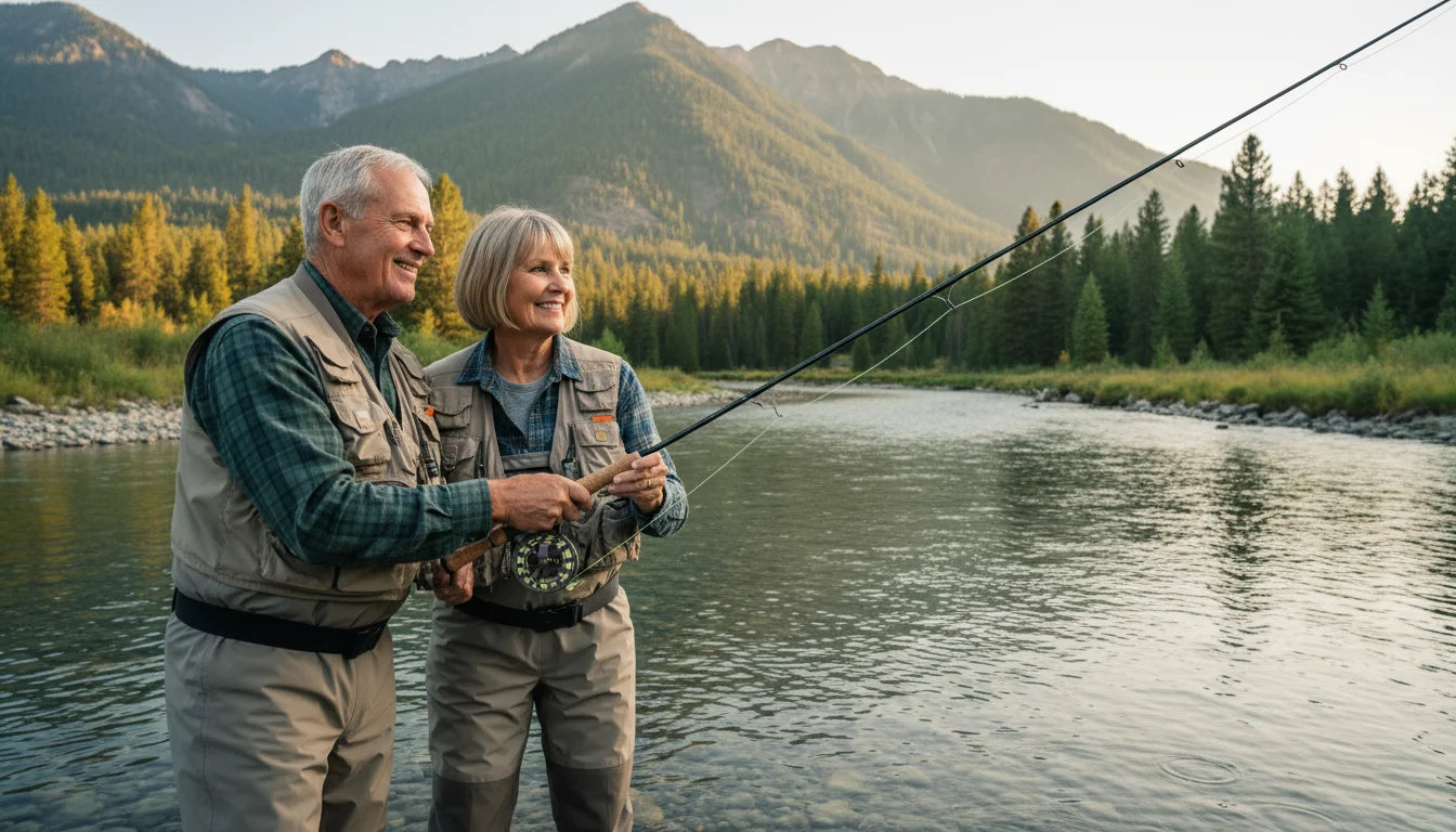An older couple, in their 60s-70s, fly fishing in a clear Montana river with forested mountains in the background.
