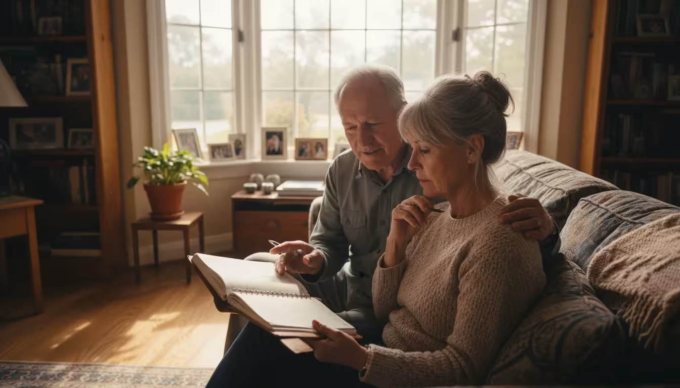 An older couple in their home discusses financial planning by a bright window, a thriving potted plant next to them.