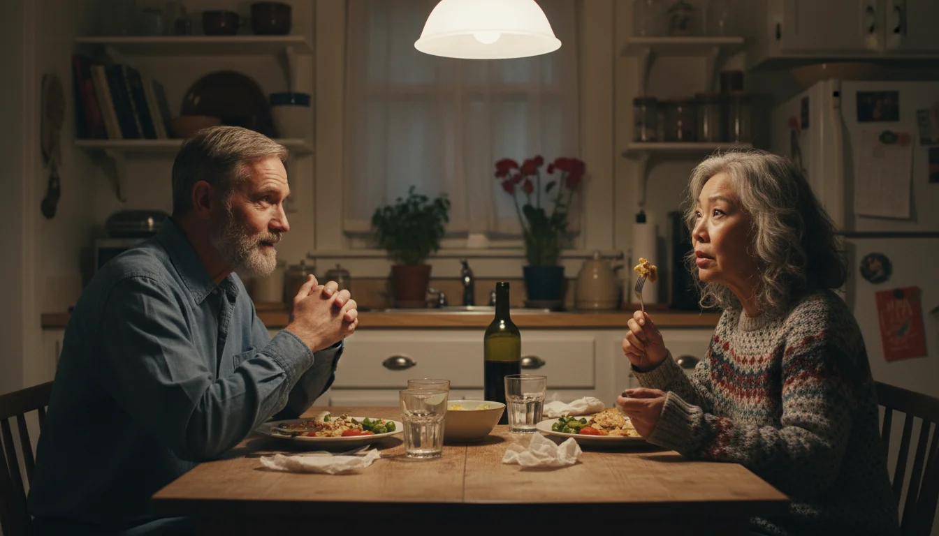 An older couple at their kitchen table. The husband looks hopeful; the wife looks surprised, pausing mid-meal with a fork.
