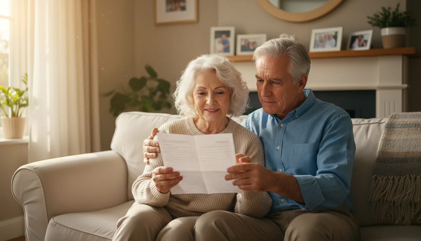 An older couple in their living room, calmly looking at a pension statement together, conveying peace of mind.