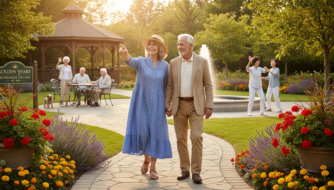 An older couple walks through a sunny senior community garden path, observing residents walking dogs and gardening.