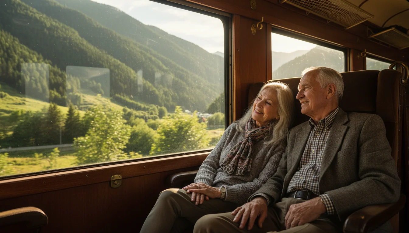 An older couple, a woman resting her head on a man's shoulder, looks out a train window at a lush mountain valley in soft afternoon light.