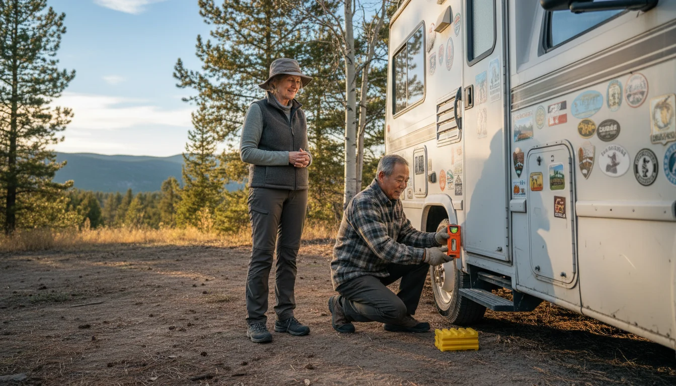 An older diverse couple outside their RV. The woman smiles watching her husband level the RV's tire with a small tool.