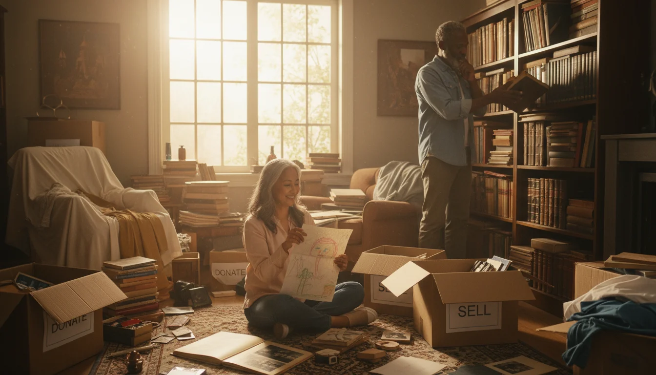 Older diverse couple sorting through a lifetime of possessions in a cluttered room. Wife holds a child's drawing, husband looks at old books.