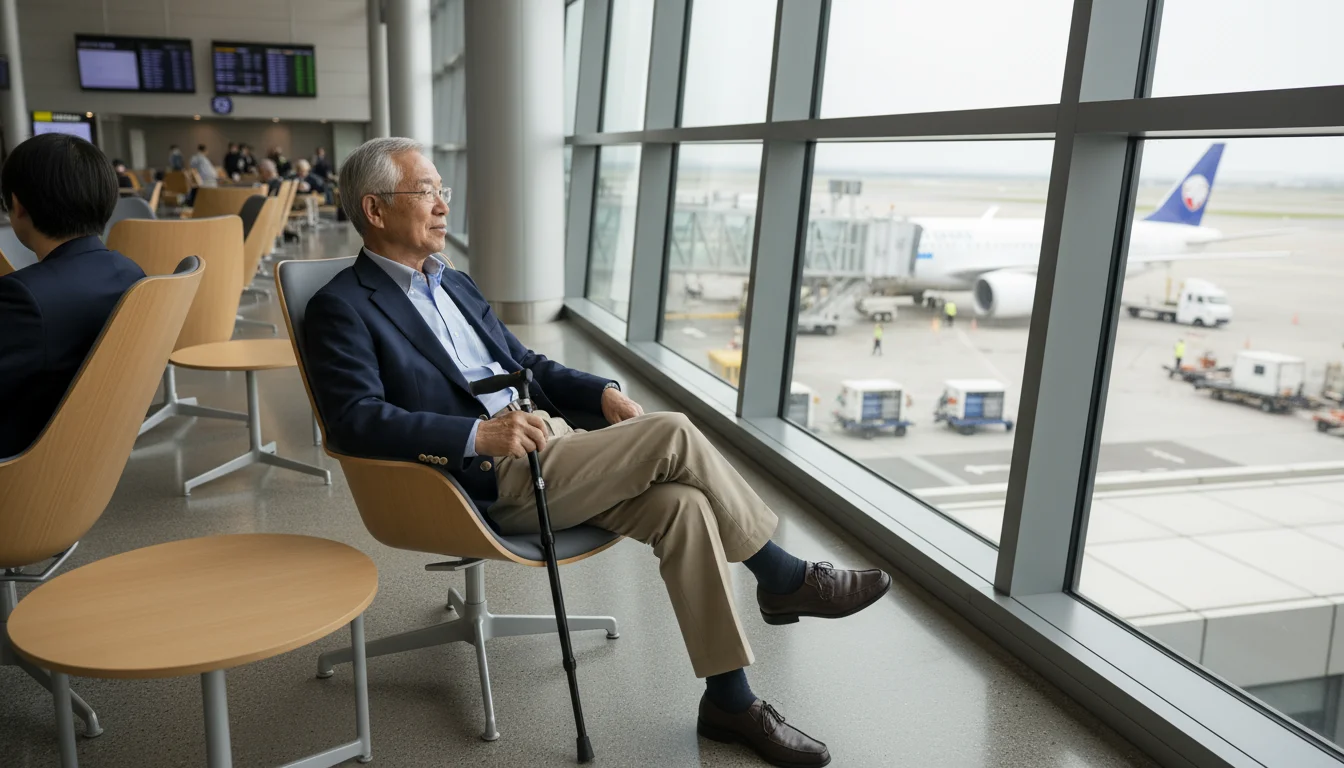 Older East Asian man, late 70s, sits relaxed by a large window in an airport gate area, a cane beside him.