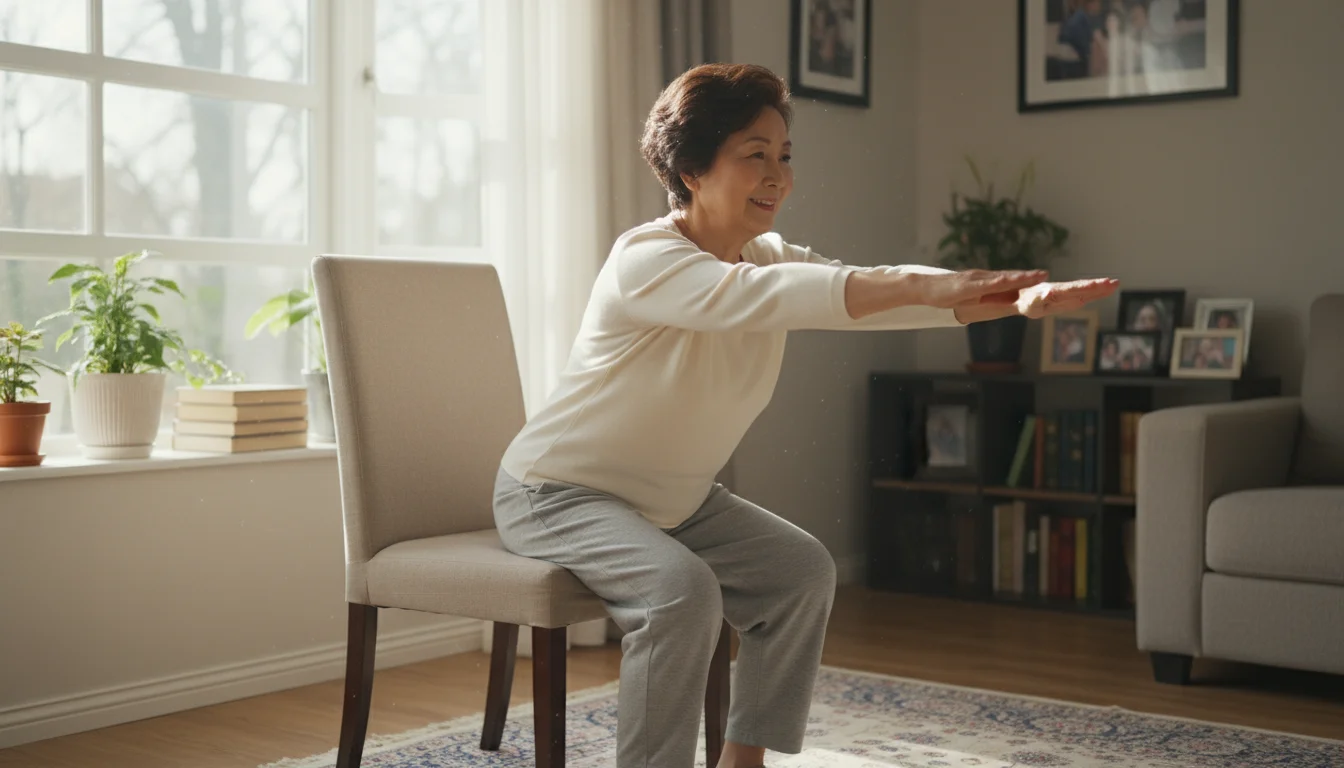 Older East Asian woman, late 70s, gently lowering into a chair squat in a sunlit living room, tapping her glutes on a sturdy dining chair.