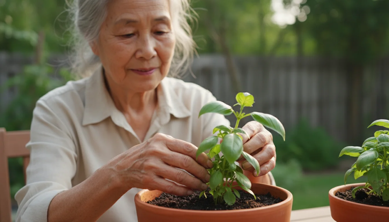 An older East Asian woman gently tends to a potted basil plant on a sunlit patio, looking calm and focused.