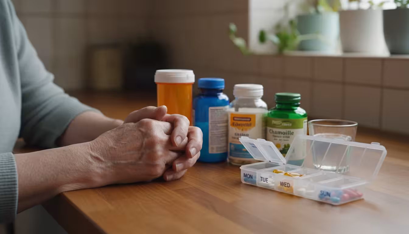 Close-up of older hands on a kitchen counter surrounded by numerous medication bottles and a weekly pill organizer.