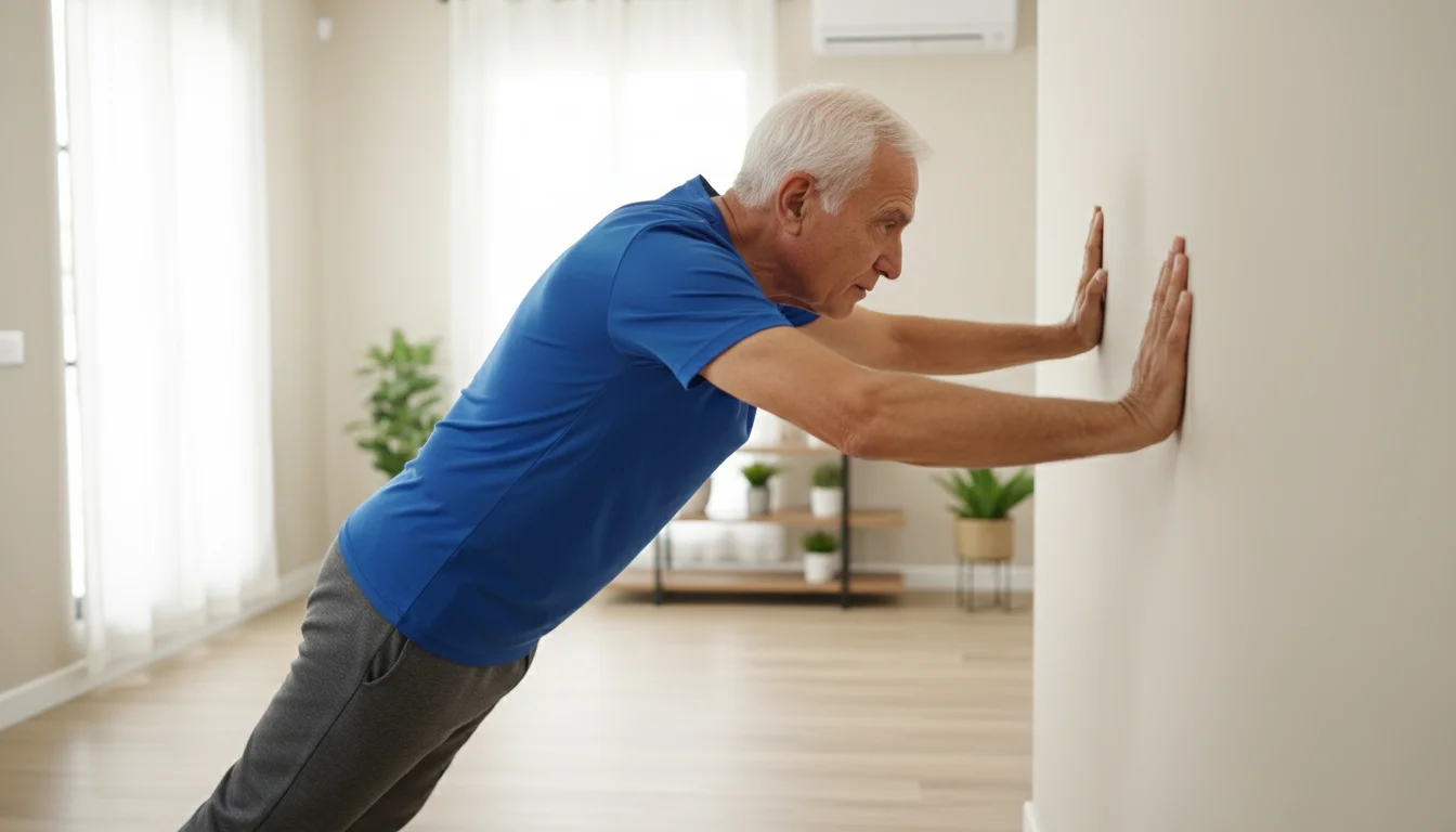 An older Hispanic man, early 80s, performs a wall push-up against a plain beige wall, focused on the exercise.