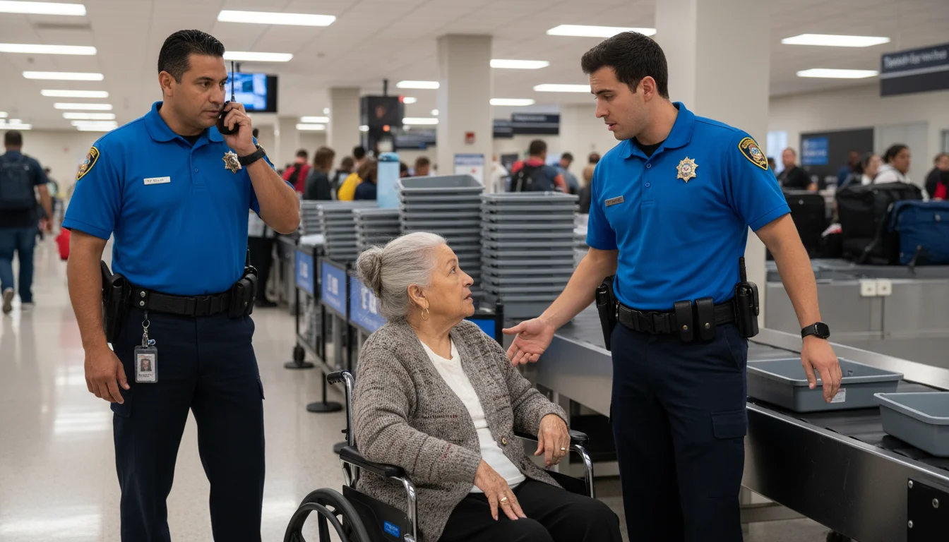 An older Hispanic woman in a wheelchair calmly speaks with a TSA officer at airport security, as a supervisor approaches them.