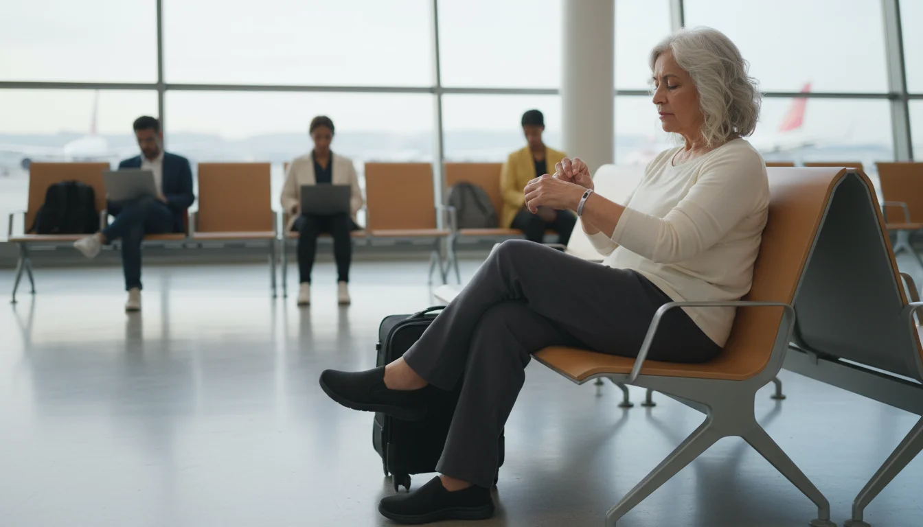 Older Latina woman in an airport lounge securing a medical alert bracelet on her wrist, wearing comfortable slip-on shoes.