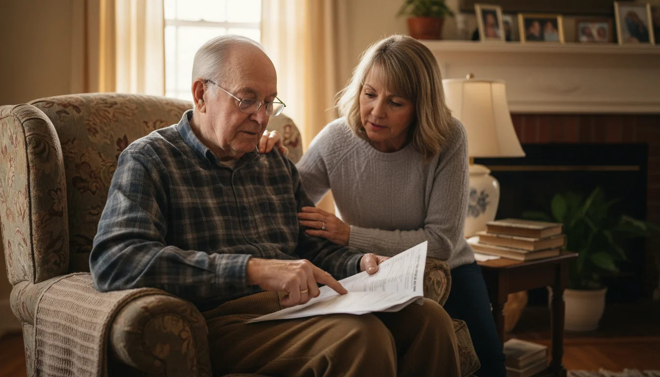 An older man in an armchair with his adult daughter, both focused on a Medicare statement, discussing financial details.