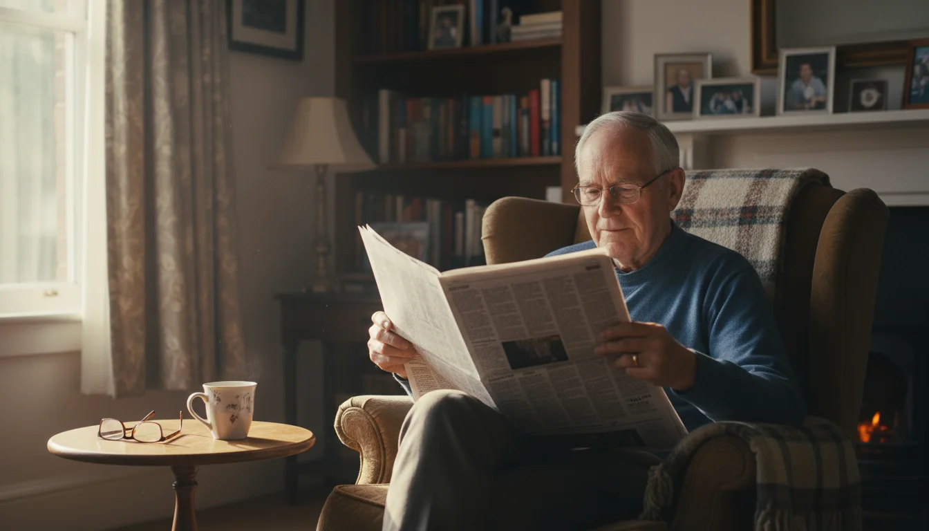 An older man in an armchair reads a newspaper by a window, a mug of tea on a table beside him.