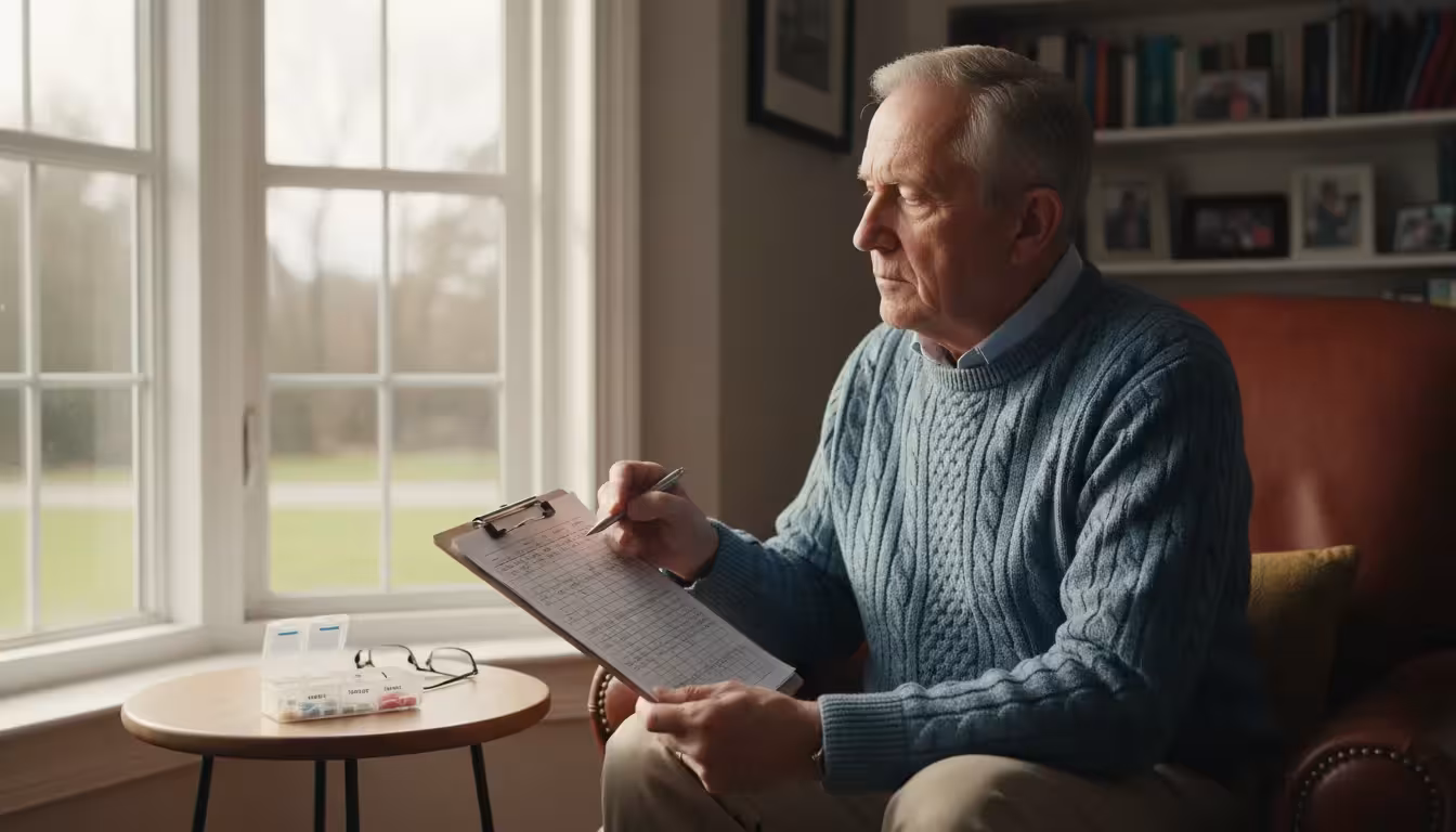An older man in an armchair reviewing a handwritten medication chart with a pen, a pill organizer on a nearby table.