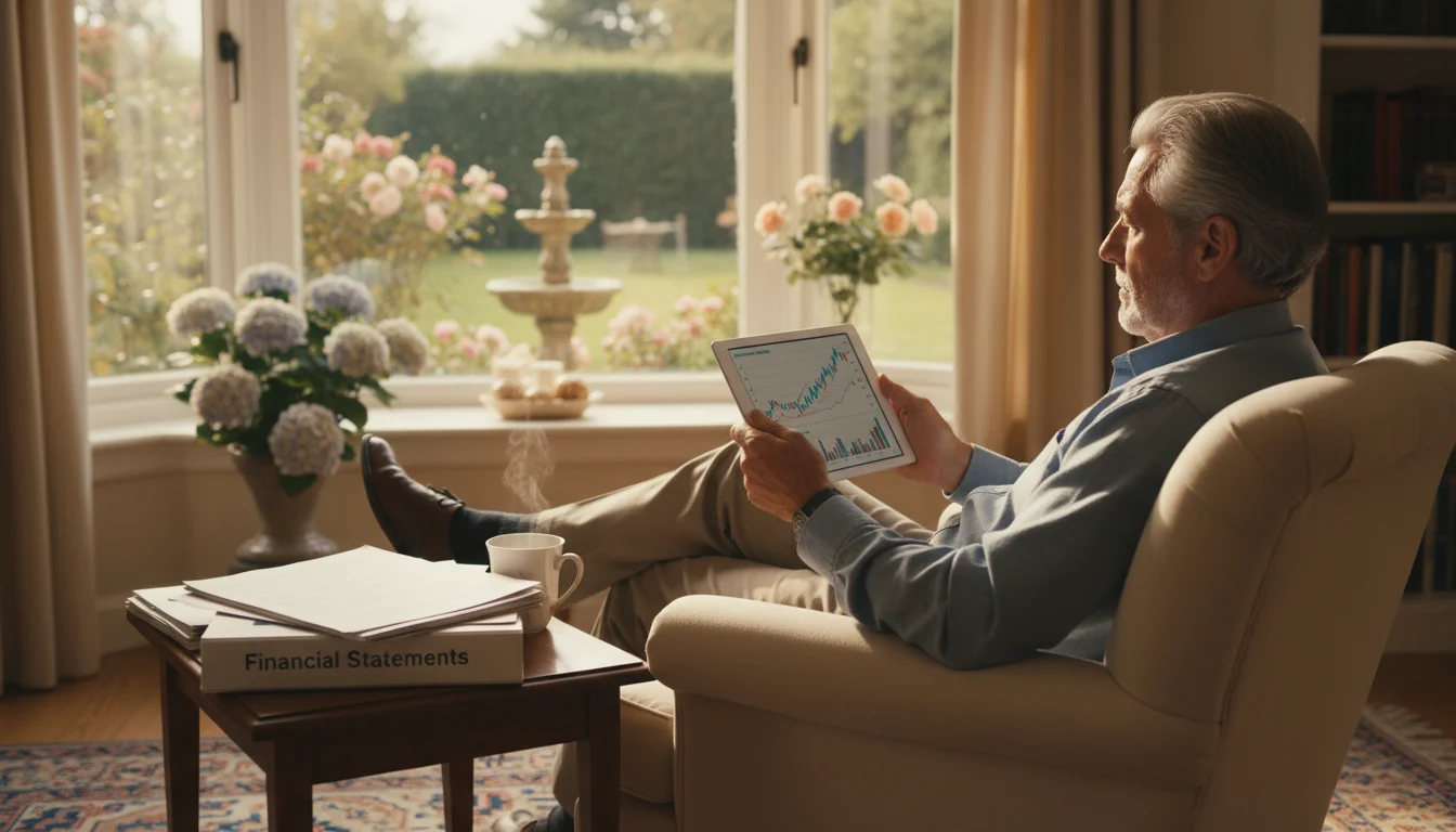 An older man in an armchair by a window, looking out while holding a tablet with financial charts.