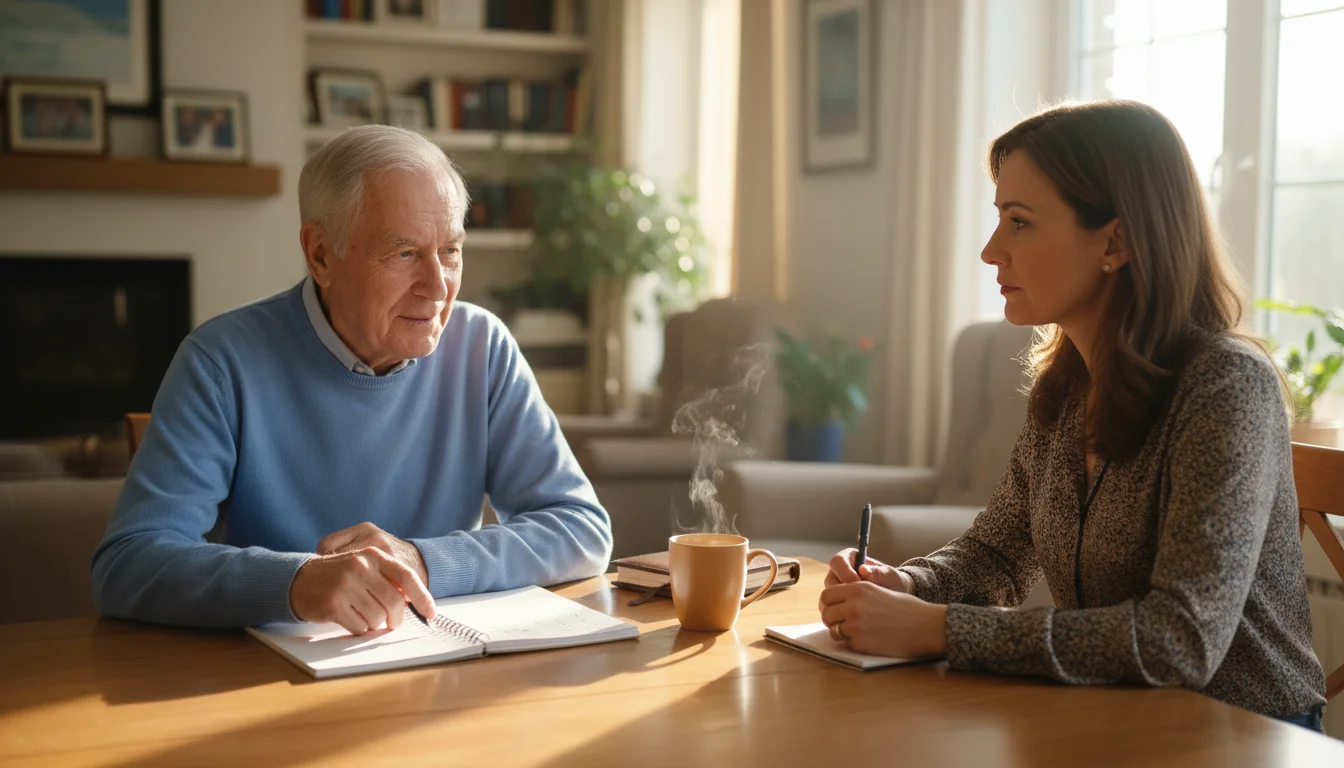 Older man in a blue sweater and female care coordinator discussing a notebook on a wooden table in a sunlit living room.