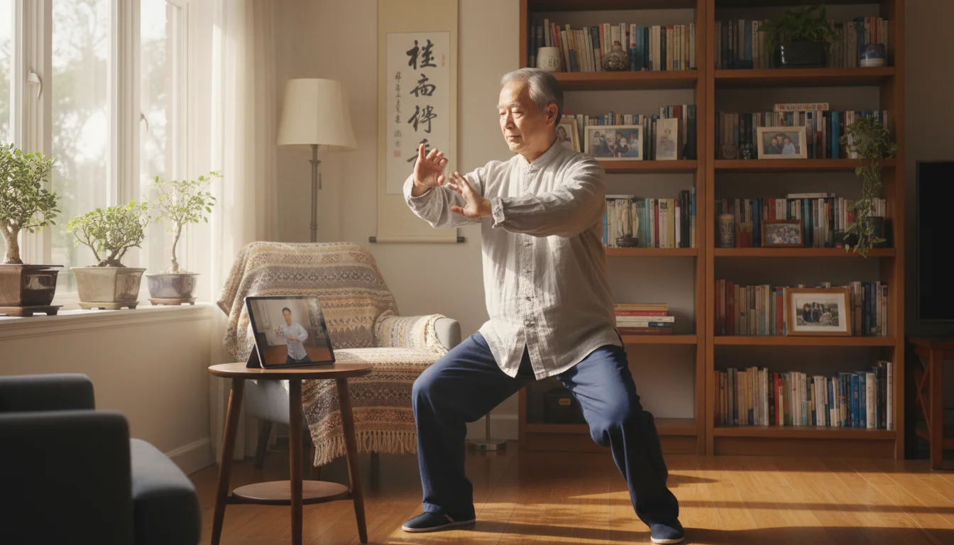 Older man in a bright living room doing slow Tai Chi movements, watching an instructor on a tablet.
