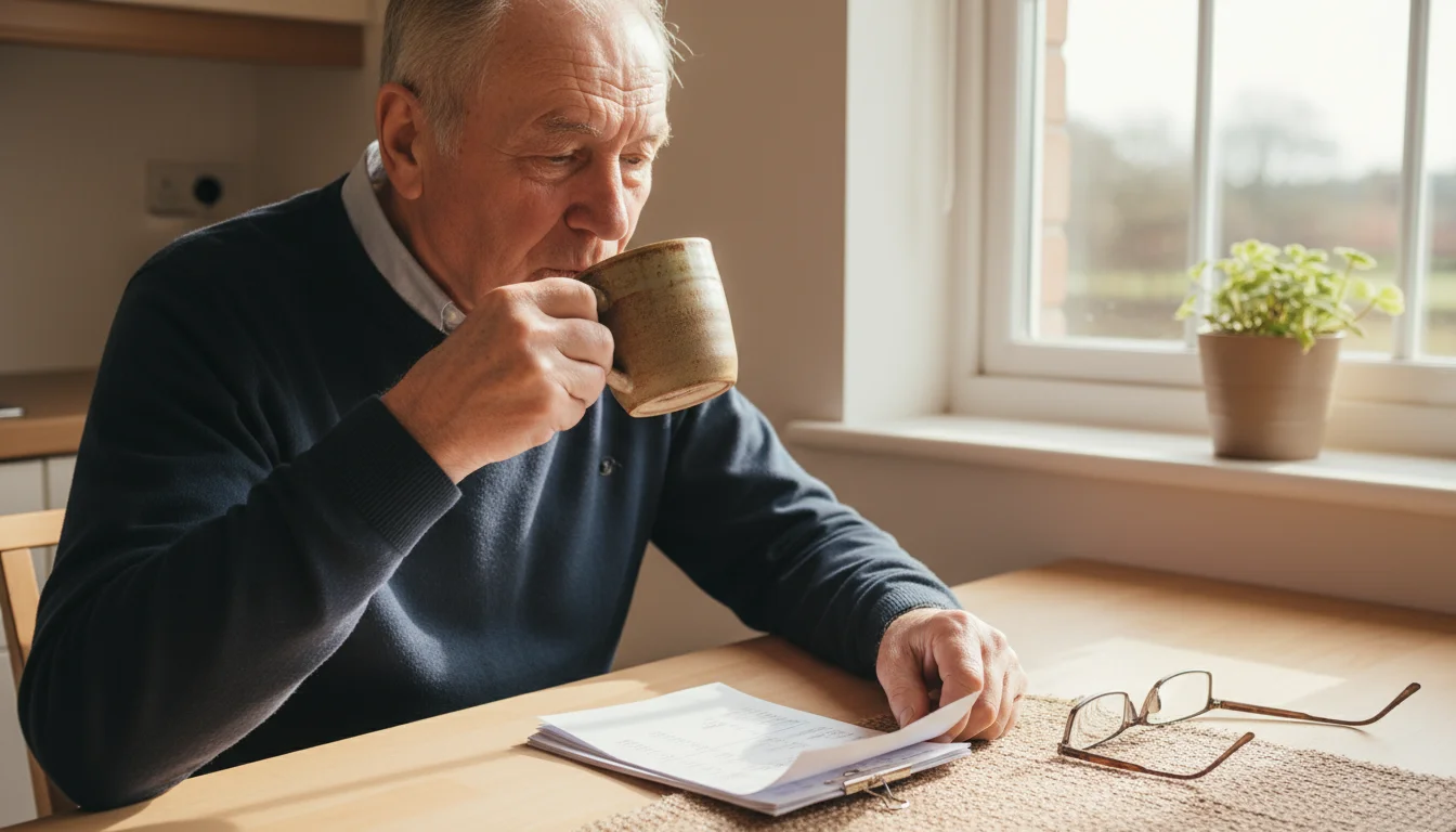 An older man calmly sips coffee and reviews financial papers at a bright kitchen table, conveying thoughtful planning.
