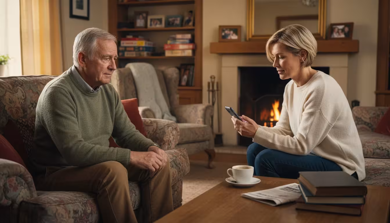 An older man on a couch looks pensively at his adult daughter, who is distracted by her phone. Child's blocks are on the floor.