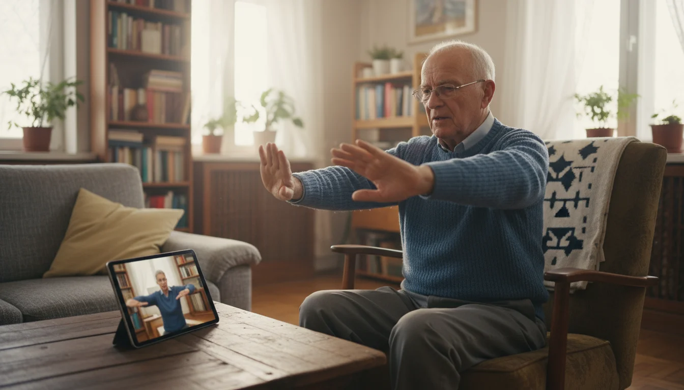 Older man, early 80s, performs a seated arm circle exercise in his living room, watching a tablet and focusing on form.