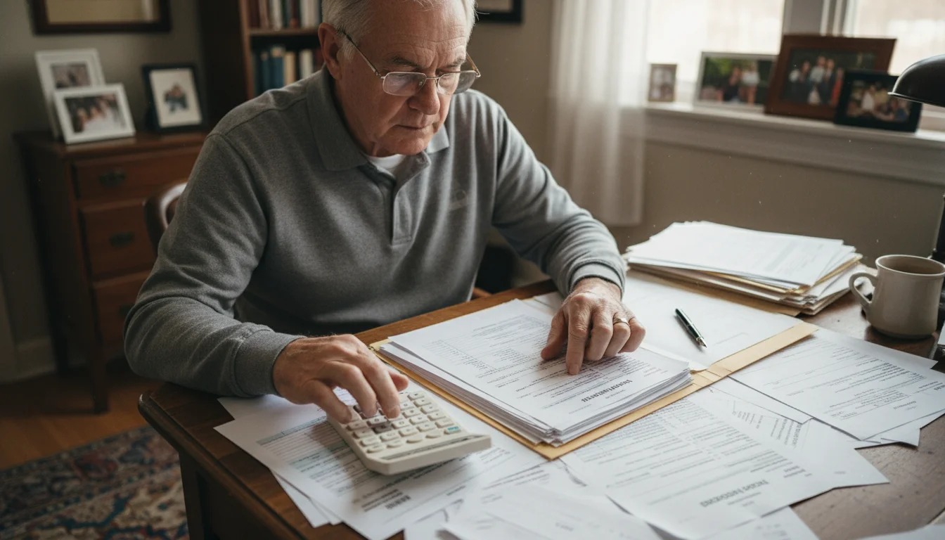 An older man, early 70s, with reading glasses on his desk, uses a calculator and reviews financial papers.