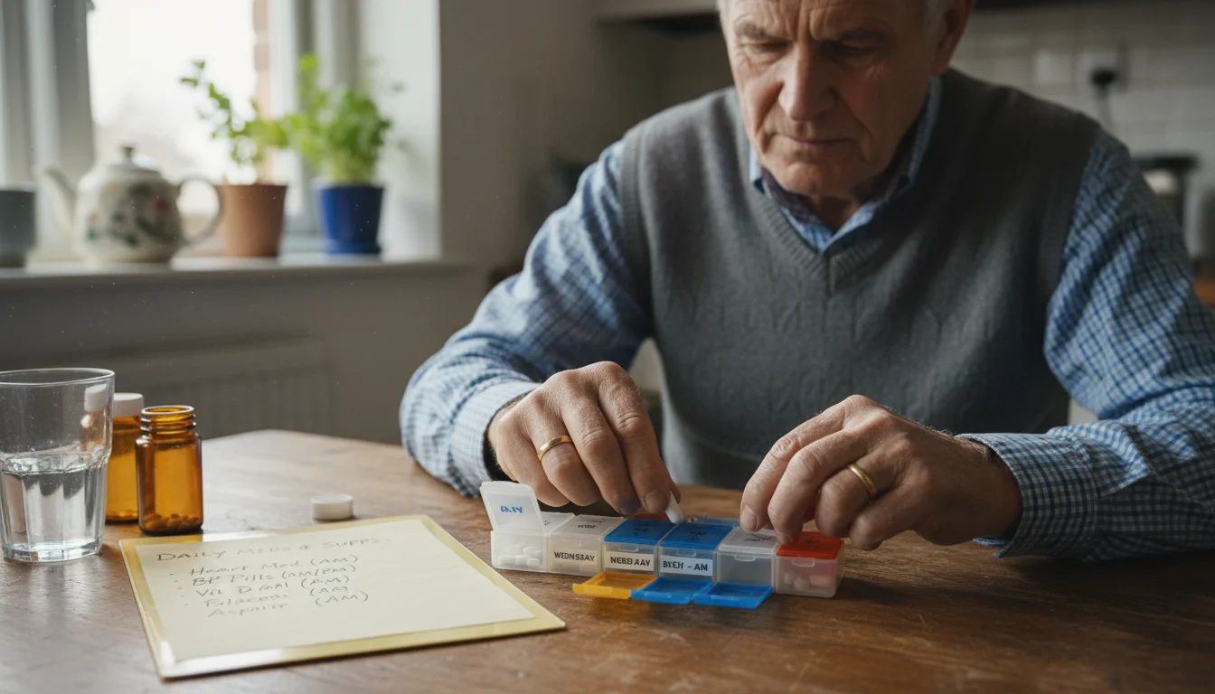 An older man carefully fills a weekly pill organizer, with a medication list and breakfast on the table.