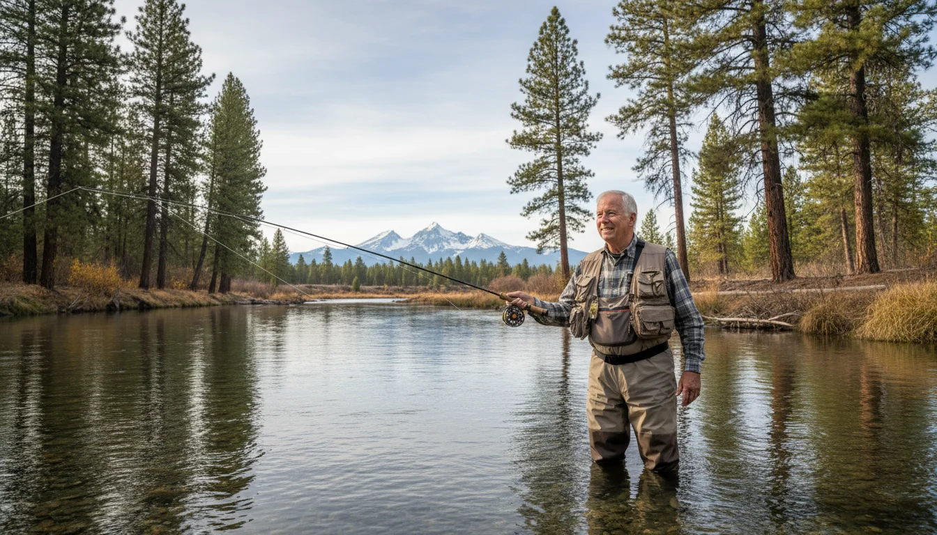 An older man in a fishing vest stands in the Deschutes River, gracefully fly-fishing with Ponderosa pines and the Three Sisters mountains behind him.