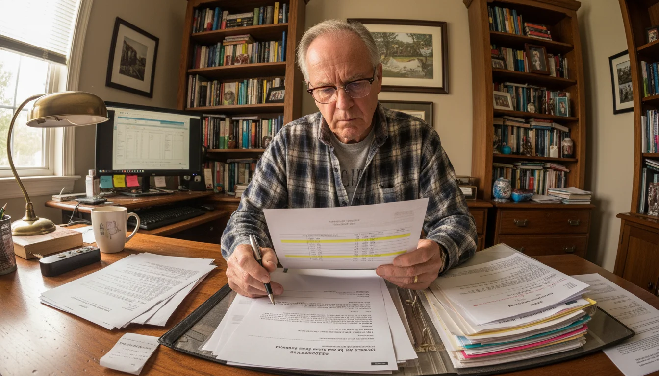 An older man in glasses at a desk, carefully comparing a medical bill to other documents with a pen in hand.