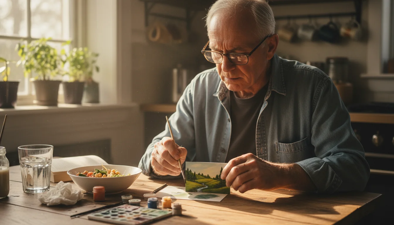 An older man with glasses intently paints a miniature landscape at a kitchen table, with a bowl of chickpea and tuna salad nearby.