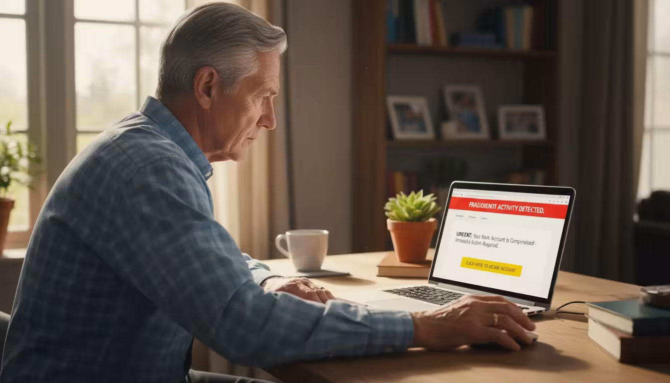 An older man with gray hair sits at a desk, looking intently at a laptop screen with a suspicious email, his hand hovering near the mouse.