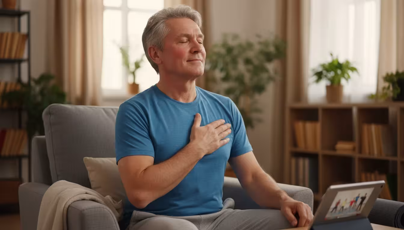 An older man with grey hair, eyes gently closed, resting a hand on his chest with a soft smile after exercising.