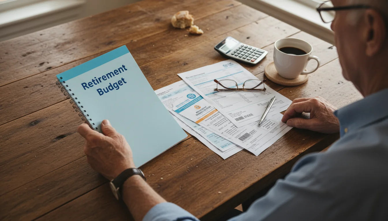 An older man's hands reviewing a budget notebook and financial documents spread on a kitchen table.